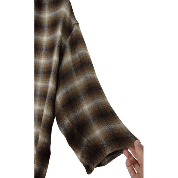 ZARA WOOL BROWN PLAID LONG SLEEVE 1/2 BUTTON UP TOP - Picture 5 of 8